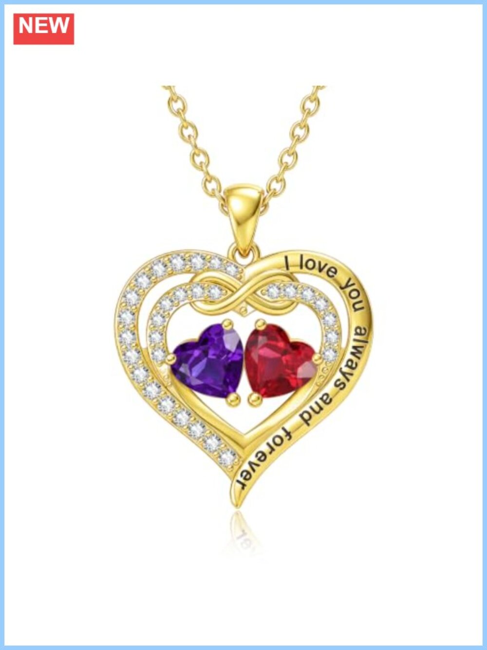 14K Gold Dual Birthstone Infinity Heart Pendant Necklace Adjustable